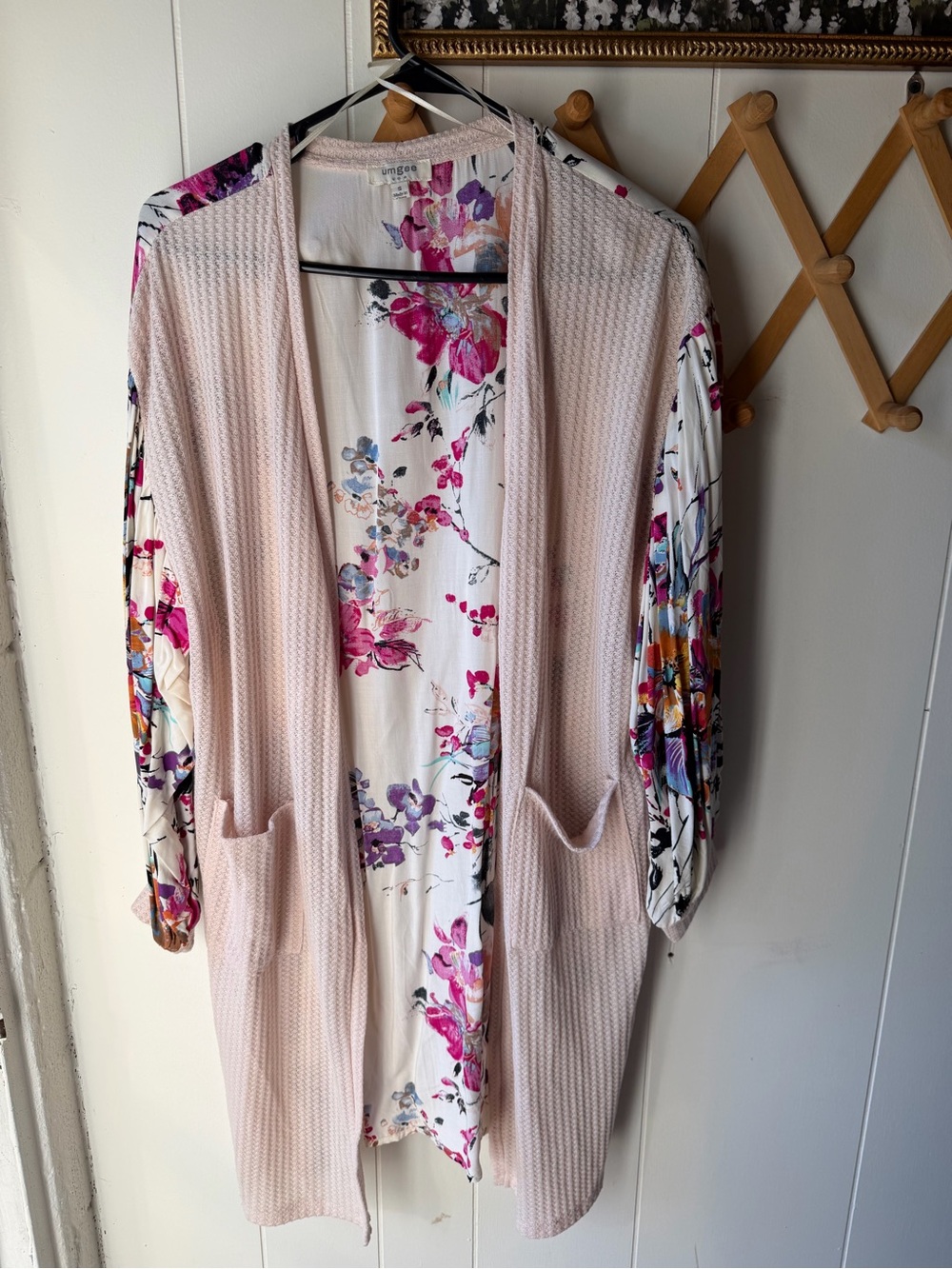 Umgee Pink Waffle Knit Open-Front Cardigan with Floral Lining